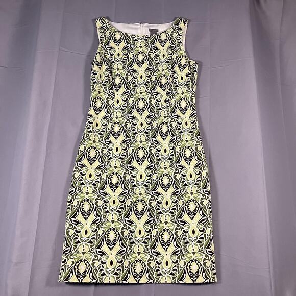 Ann Taylor Dress Womens 10 Green White Black Sleeveless Sheath Geometric Cotton - Picture 1 of 13
